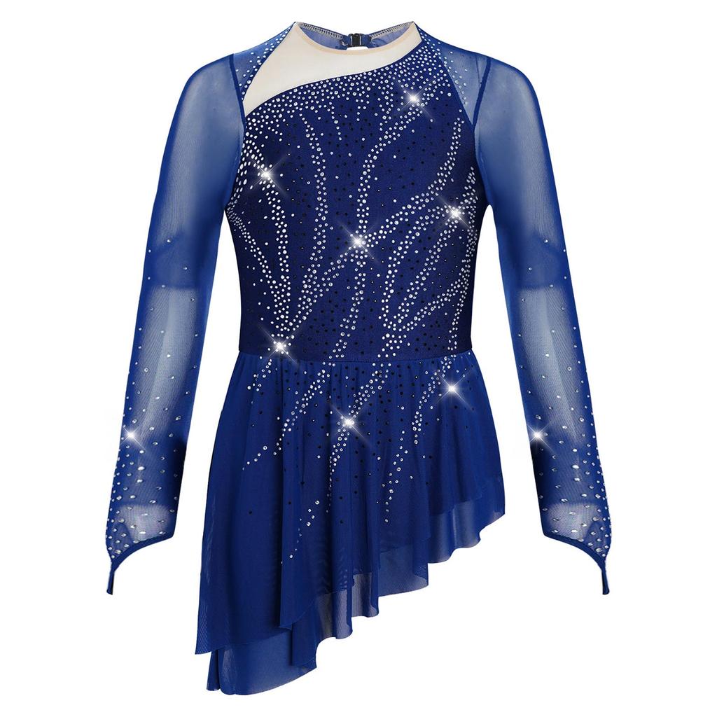 Girls Lyrical Dance Dress Sheer Mesh Long Sleeves Cutout Back Design with Sparkly Rhinestones Asymmetric Hem Skirt