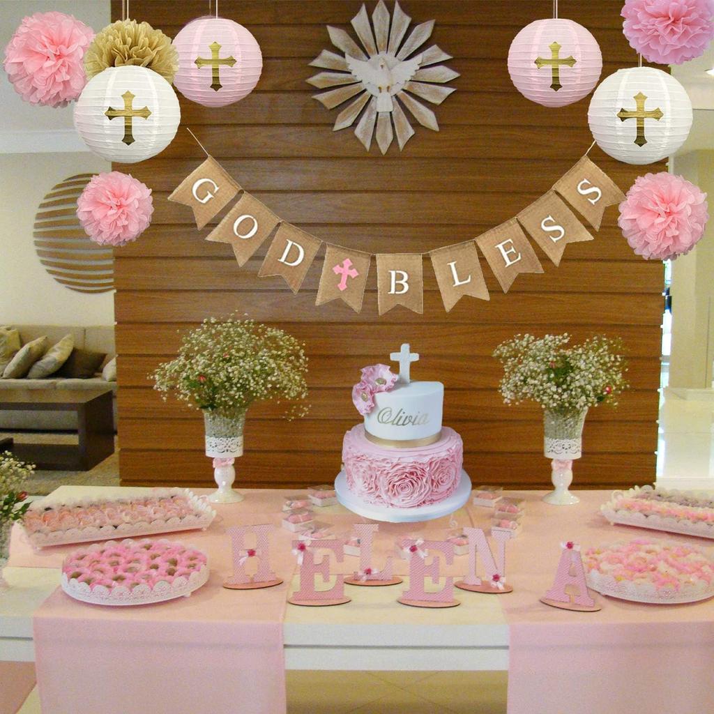 CHRORINE Baptism Decorations First Communion Confirmation Decorations Bautizo Decorations God Bless Banner (Pink)