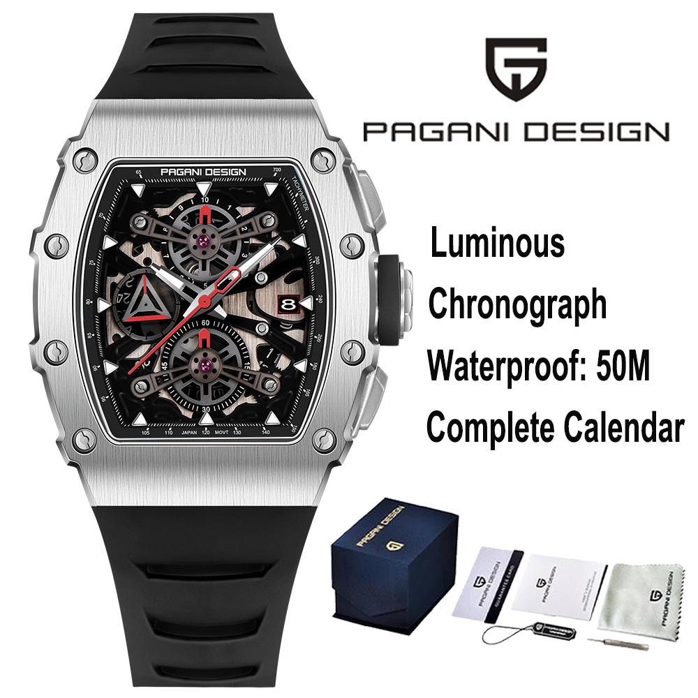 PAGANI DESING Men's Quartz Watches Skeleton Dial 100M Waterproof Sport Rectangle Sapphire glass Watch for Men
