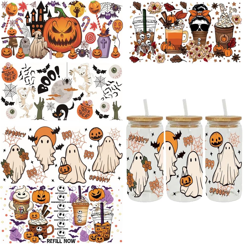 Transfer Cup Wrap Stickers, 5 Sheets Orange Halloween Ghost UV DTF Cup Wrap for 16oz Glass Cups Spooky Pumpkin Skeleton Cobweb Bat Rub on Transfer Dec