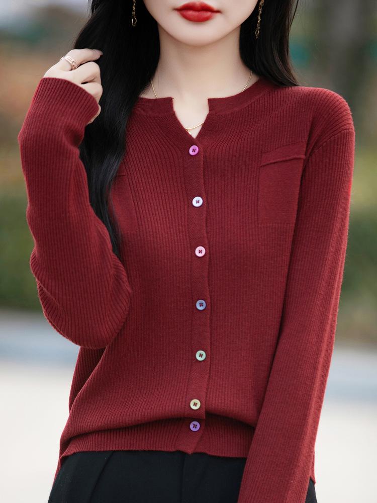 Women's Slimming V-Neck Stripe Button Cardigan for Autumn/Winter