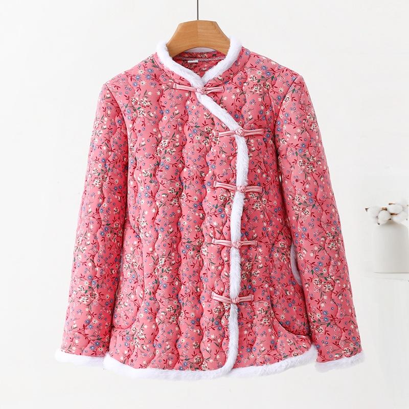 Women's Winter Floral Padded Coat, Chinese Style Frog Button Loose Long Sleeve Warm Cotton Outerwear Multi Colors