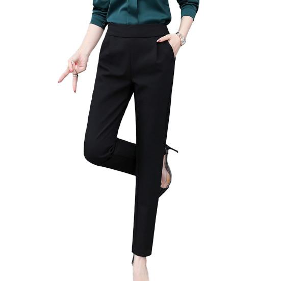 Women Solid Color Suit Pants High Waist Elastic Waistband Slant Pockets Slim Fit Casual Long Trousers Workwear