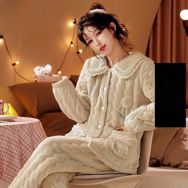 Коралловая бархатная пижама женская зимняя трикотажная стеганая куртка из толстой фланели корейский кашемировый женский комплект домашней одежды можно носить на улице