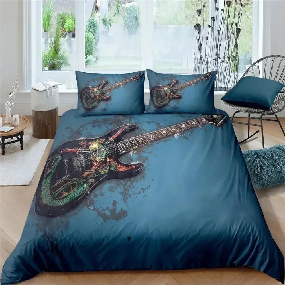 New 3d Music Guitar Bedding Set King Queen Heavy Metal Punk Rock Duvet Cover for Teen Boy Musical Note Polyester Comforter Cover