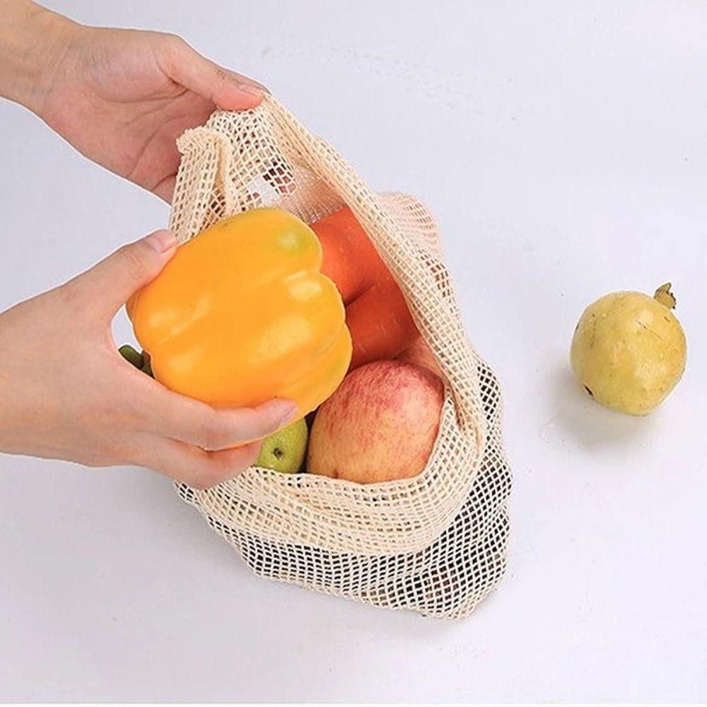 5Pcs Portable Cotton Mesh Vegetable Bags Drawstring Vegetable Container Home Bundle Pocket Toys