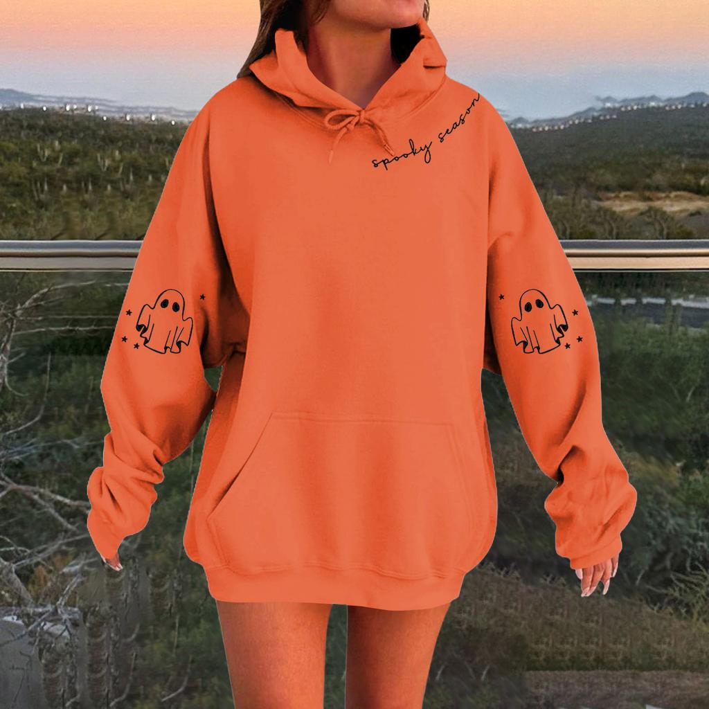 Женский однотонный пуловер с длинным рукавом, капюшоном и повседневным принтом на Хэллоуин