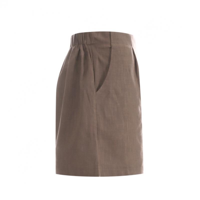 Shop Women Simple Solid Banding Linen Pocket Shorts Brown Pic Wpt 1395