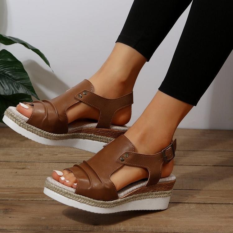 Женские босоножки на высоком каблуке из травяной ткани, лето 2024, новые римские туфли с пряжкой на подошве, пляжные сандалии