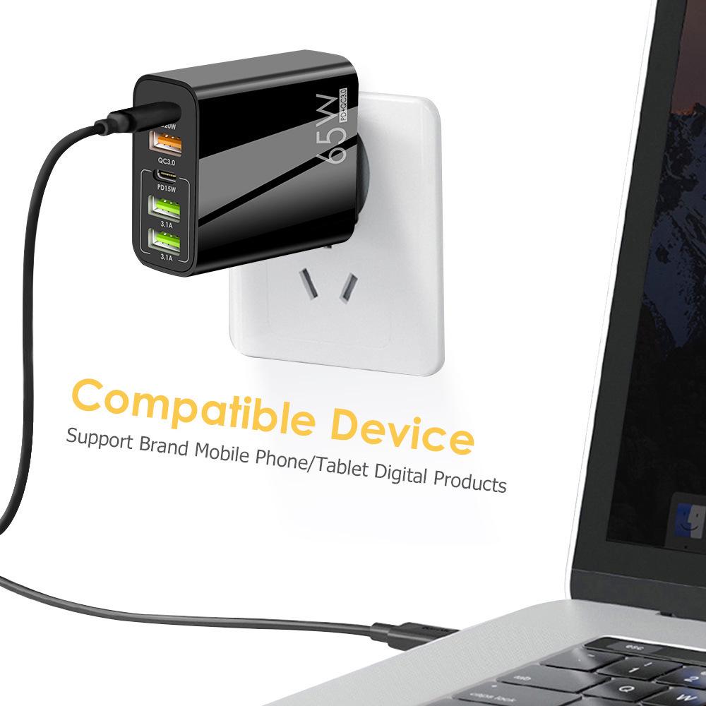 Быстрое зарядное устройство 65 Вт с несколькими портами, USB и Type-C, 5 портов, стандарт США