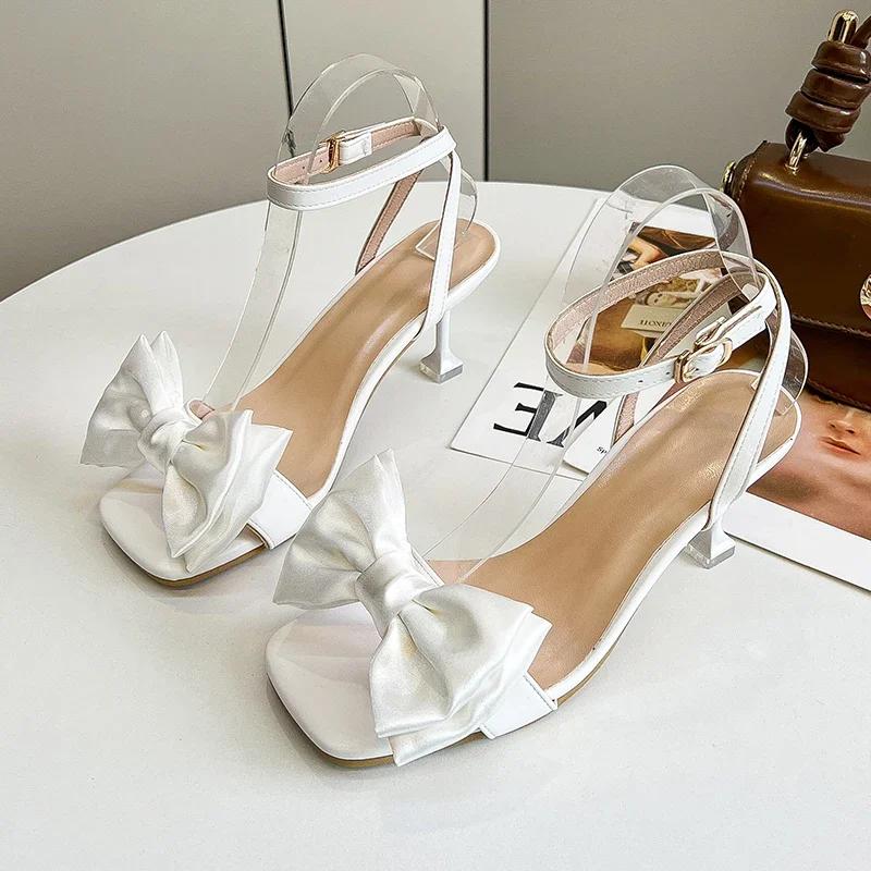 Fashion 2025 New Summer Women's High-heeled Sandals Open Toe Square Toe Buckle with Bow Decorative Buckle Solid Color Temperament