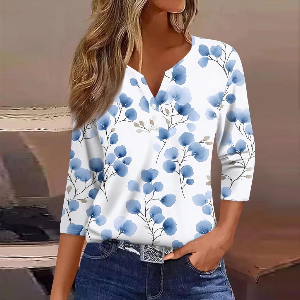 Жен. Футболка С принтом Пуговицы Рукав 3/4 Повседневные Выходные Мода Классический Классический V-образный вырез Обычный Верх