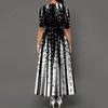 Women's Fashion Round Neck Printed Patchwork Long Dresses Half Sleeve High Waist Split Dresses Buttons Decorated Elegant Party Dresses Maxi Dress