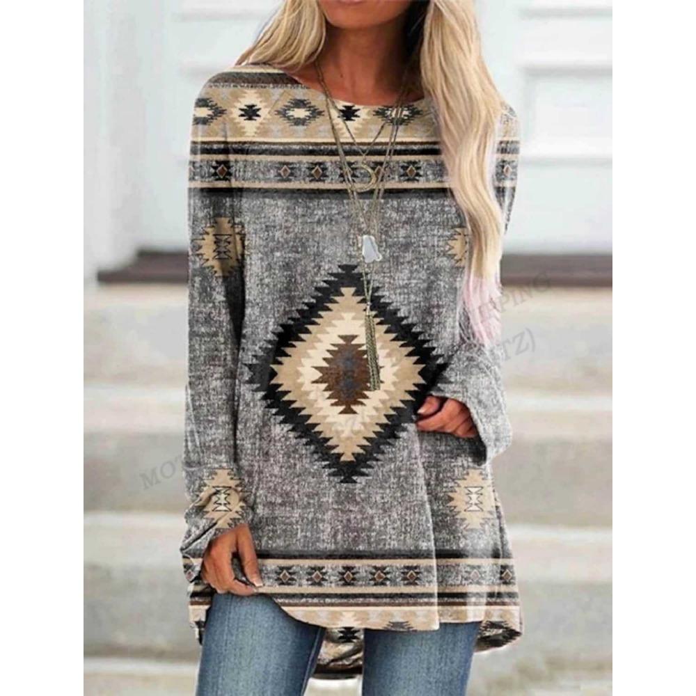 Этническая футболка с 3d принтом, женские модные футболки, повседневные топы с длинными рукавами, футболки с графическим принтом, свободные винтажные футболки в стиле Харадзюку