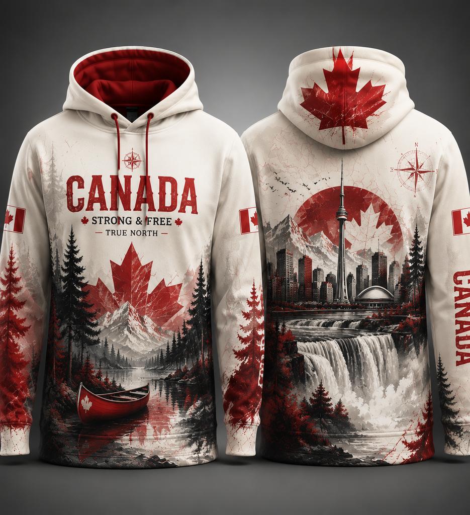 Canada 3D Print Hoodie, Maple Leaf Toronto City Landscape Sweatshirt, 100% Polyester Canadian Flag Unisex Casual Pullover Top