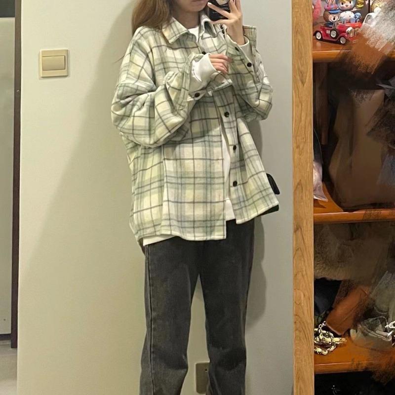 Long Sleeve Plaid Loose Fit Cotton Shirt For Women