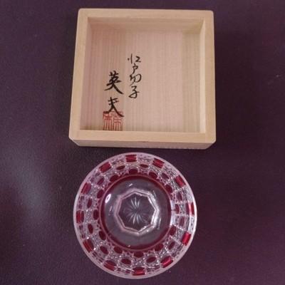 Edo Kiriko Glass Sake Cup Cut Kobayashi Hideo Red Wooden Box
