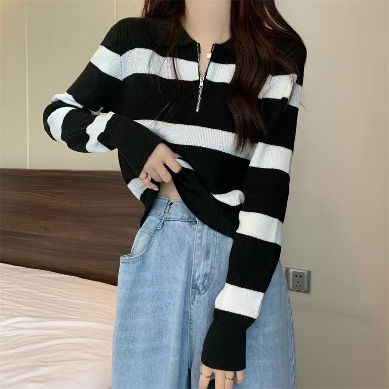 Collar Zipper Striped Long Sleeved Short Knit Sweater for Women In Autumn and Winter Wearing A Base Coat and A Top Sweater for Women