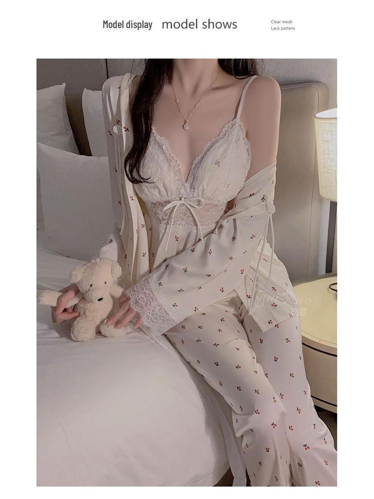 Guiruo Deep V Satin Lace Pajama Set with Chest Pad & Outer Robe