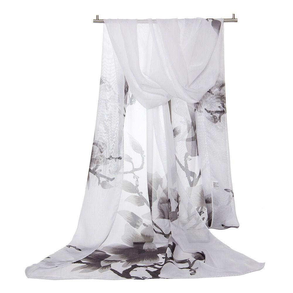 Flower Print Long Wrap Shawl 160*50cm Beach Gauze Scarf Elegant Shawl Silk for Women