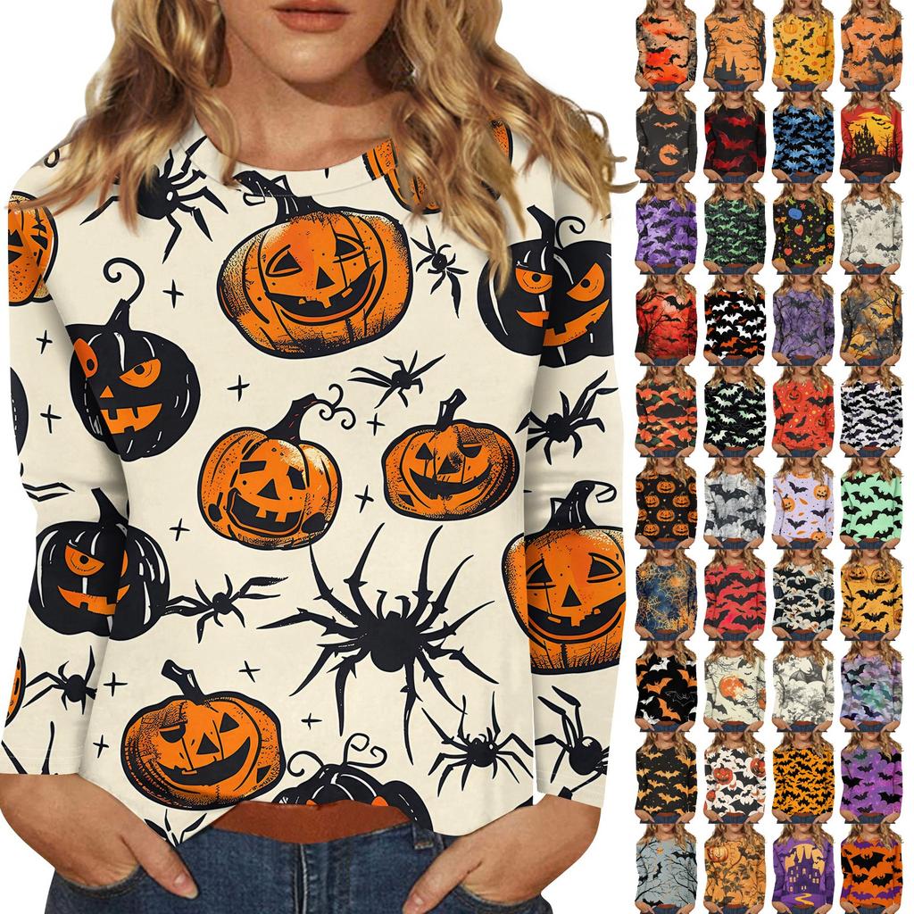 Women's Fashion Casual Halloween Printed Round Neck Long Sleeve Pullover Top