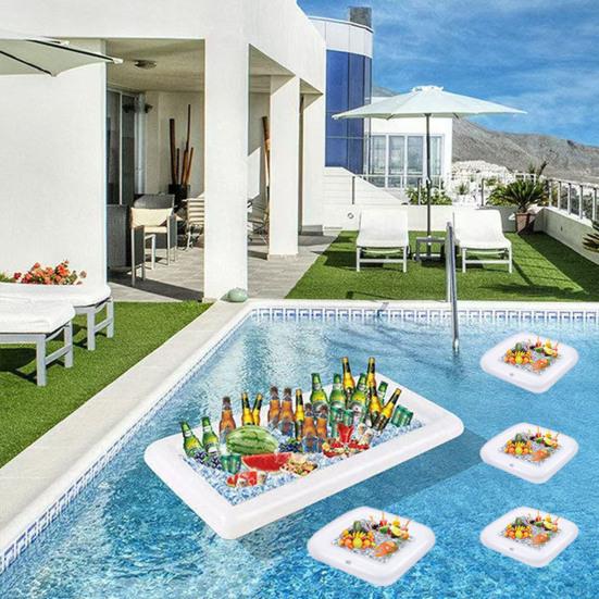 Надувной сервировочный бар Непротекающий ПВХ Летний Прямоугольный Квадратный Салат Лед Поднос Контейнер для еды и напитков Буфетный охладитель Принадлежности для вечеринки у бассейна на открытом воздухе