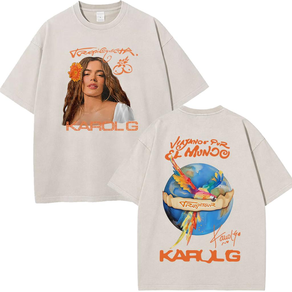 Karol G Viajando Por El Mundo Tropitour Graphics T Shirt Unisex Women Fashion Cotton Loose Casual Vintage Washed Tshirts Tops
