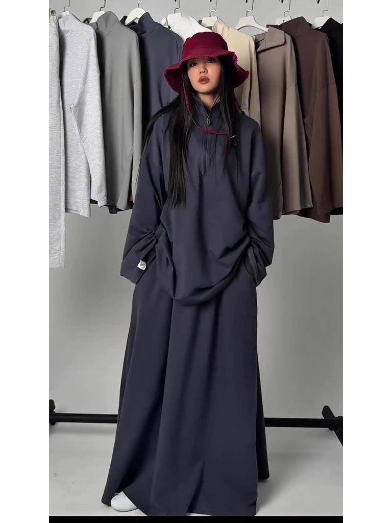 2025 Women's Casual Loose Drapey Half-Zip Top & Skirt Two-Piece Set