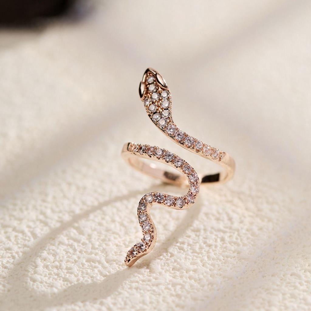 European & American Style Adjustable Copper Ring with Micro-Inlaid Sparkling Zircon and Serpent Design