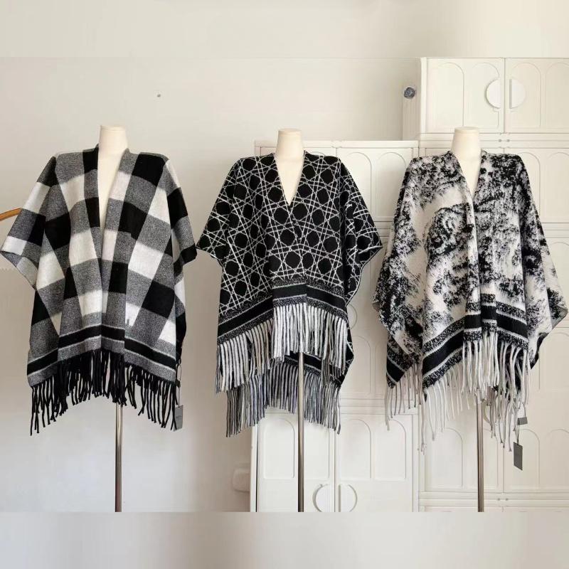 Winter France Knitting Tassels Shawl Women Fashion Warm Natural Plaid Muffler Female Vintage Design Knit Loose Print Scarf New