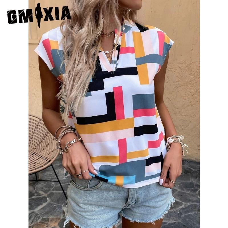 GMXIA Женская Мода Повседневные Блузки и Рубашки с Коротким Рукавом и V-образным Вырезом