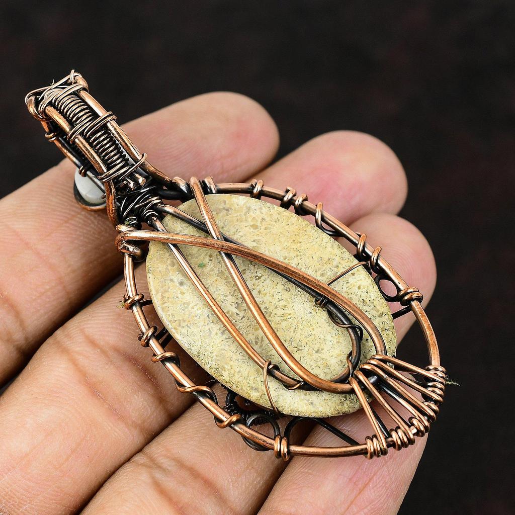 Дурной глаз ископаемый коралл драгоценный камень медная обертка ювелирные изделия ручной работы женский кулон лунный камень кулон от дурного глаза ювелирные изделия подарок для матери проволочные украшения