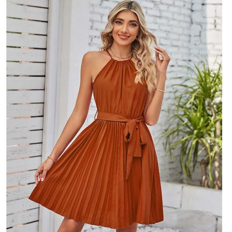 Летнее модное однотонное короткое платье без рукавов с лямкой на шее, женское повседневное плиссированное вечернее платье, летнее сексуальное платье с высокой талией на шнуровке 27832