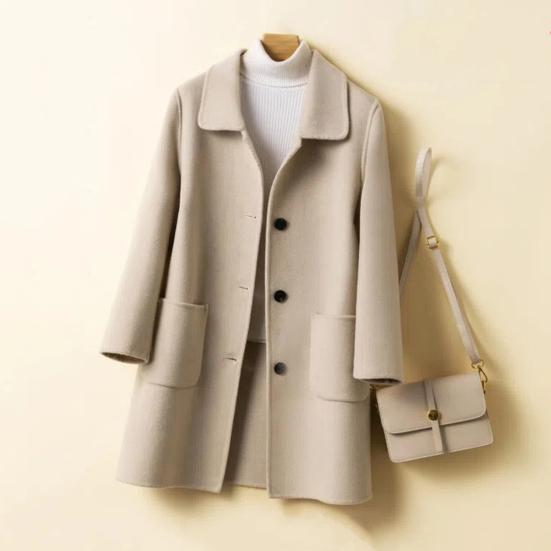 Wool Blend Coat Single Breasted Mid-Length Pea Coat Notch Lapel