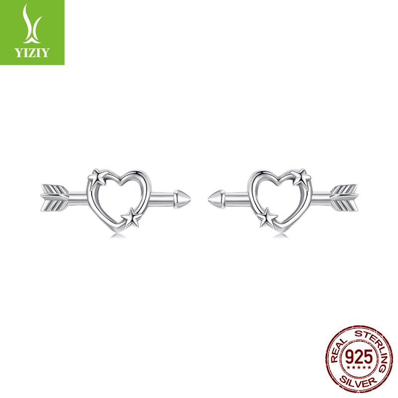 S925 Sterling Silver One Arrow Through Heart Mini Stud Earrings, Love Cupid'S Arrow Stud Earrings