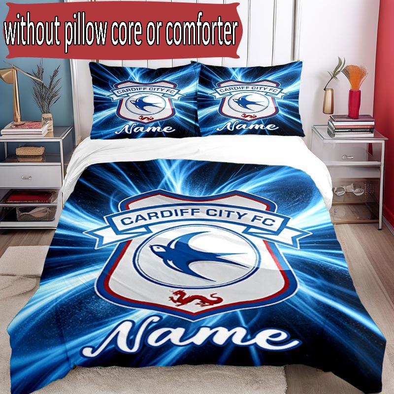 3pcs Duvet Cover Set (1*Duvet Cover + 2*Pillowcase, Without Core), Custom Name Cardiff City FC Pattern Bedding Set, Home Bedroom Decor Gift