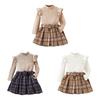 Детский костюм для девочек от 2 до 7 лет, топы с длинными рукавами и рюшами + клетчатая плиссированная юбка + берет, детская одежда для девочек