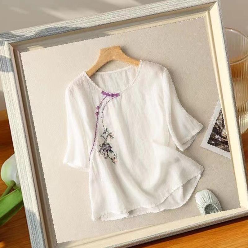 Women's 2024 Summer Cotton Linen Retro Embroidered Blouse with Frog Button and Diagonal Placket