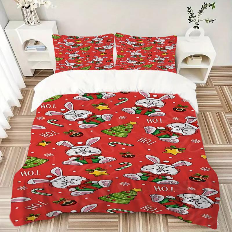 3pcs Christmas Bunny Pillowcase Set with Red Background, Includes One Quilt Cover and Two Pillowcases (No Core), Festive Gift for Bedroom