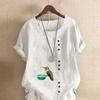 Women's New Fashion Linen Shirt Round Neck Short Sleeve Bird Printed T-shirt Summer Ladies Casual Plus Size Blouse Tops