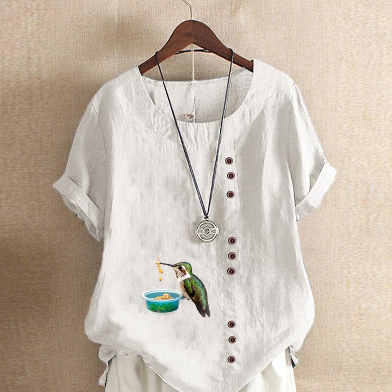 Women's New Fashion Linen Shirt Round Neck Short Sleeve Bird Printed T-shirt Summer Ladies Casual Plus Size Blouse Tops