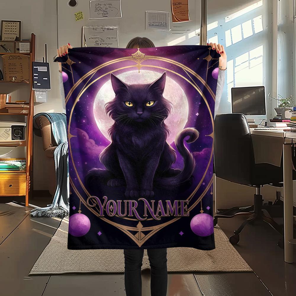 1PC Custom Name Black Cat Majesty Patterned Flannel Blanket Suitable For All Seasons for Home Decor Warmth and Comfort Gifts Holiday Present_lx