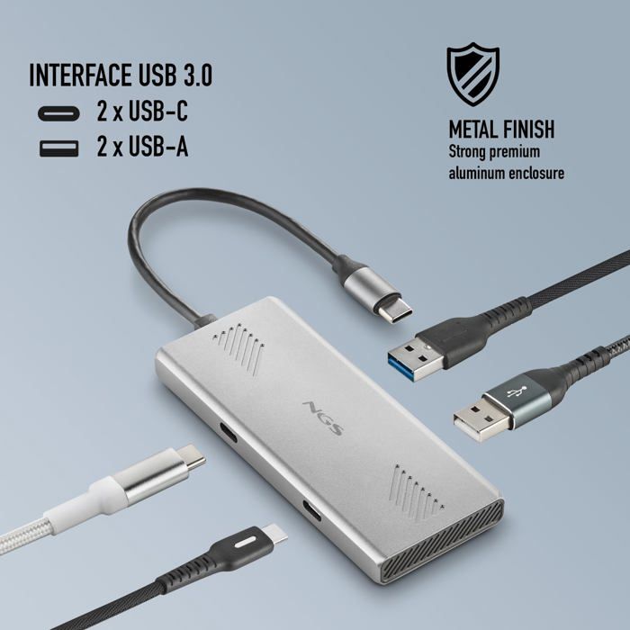NGS WONDERDUO-C : Hub USB 4 ports (2 USB-C + 2 USB-A), transfert 5Gbps, USB 3.0, câble 180mm, aluminium