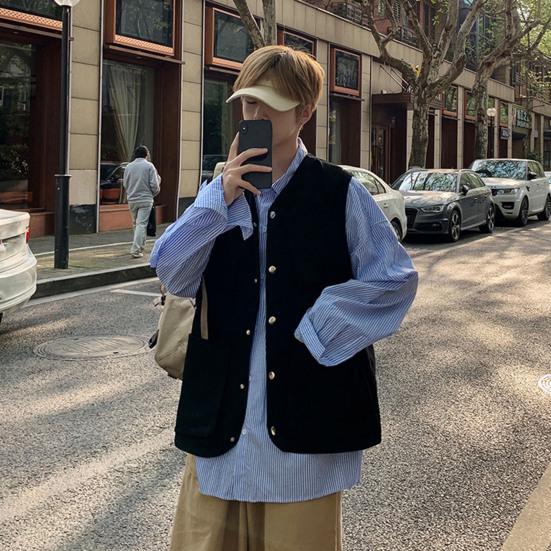 Мужской жилет-карго без рукавов, однобортный дизайн с карманами, спортивный однотонный жилет, уличная уличная одежда