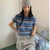 Вязаный топ с коротким рукавом в полоску в корейском стиле для женщин с расслабленным и универсальным видом
