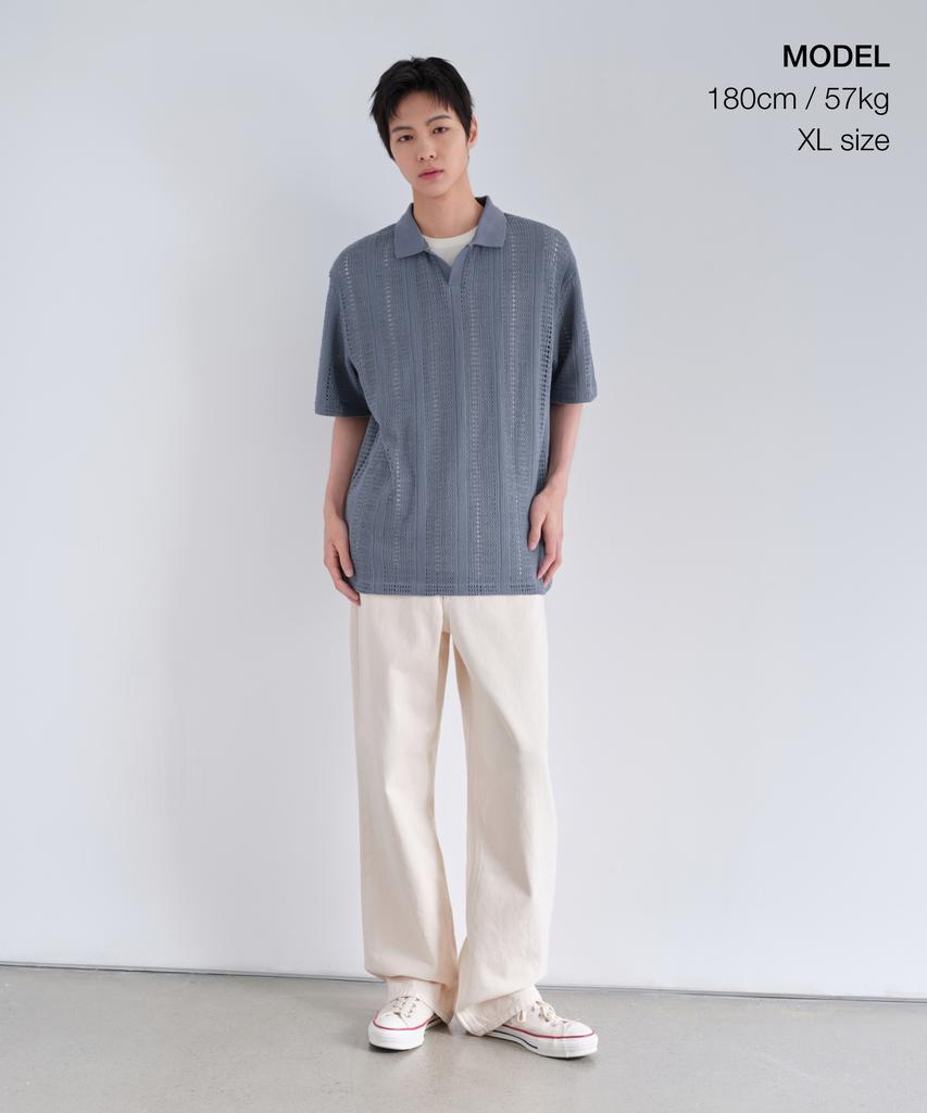MUSINSA STANDARD Vertical Crochet Slit Neck Polo Shirt [Blue Grey]