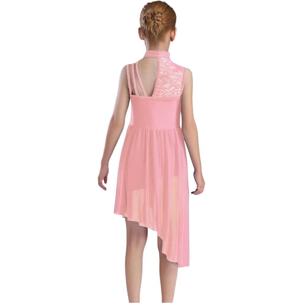 Платье-трико для девочек с воротником-стойкой, цветочным кружевом, стразами, асимметричными плечами и неровным подолом, лирический танцевальный костюм