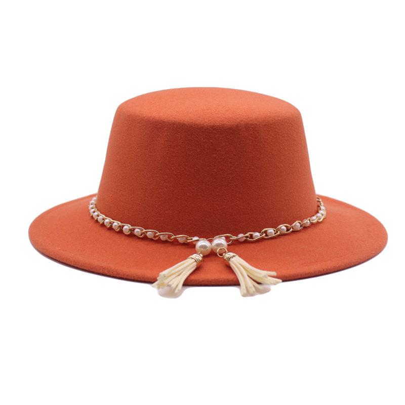European, American and British style retro fringed pearl chain woolen felt hat wide brim top hat flat top lady hat trendy girl