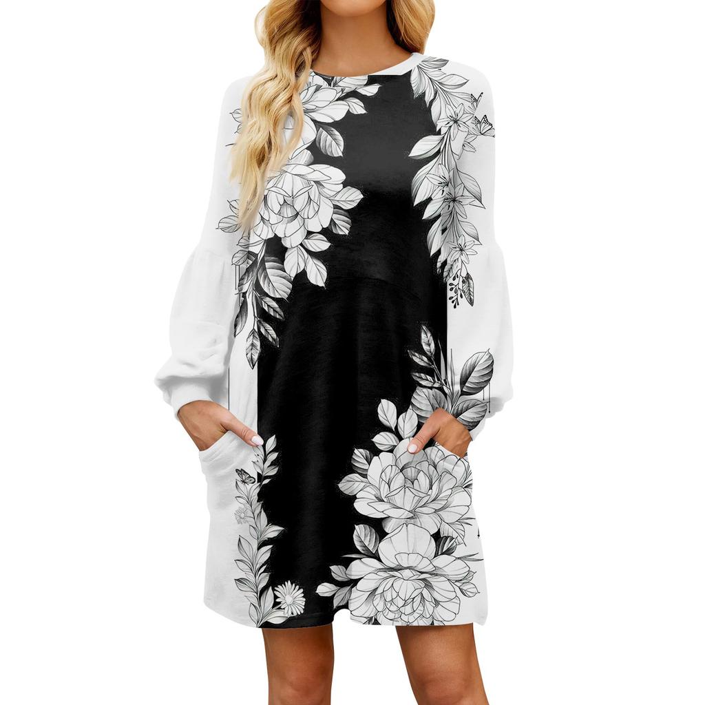 Модное женское осеннее повседневное свободное платье с цветочным принтом и длинным рукавом