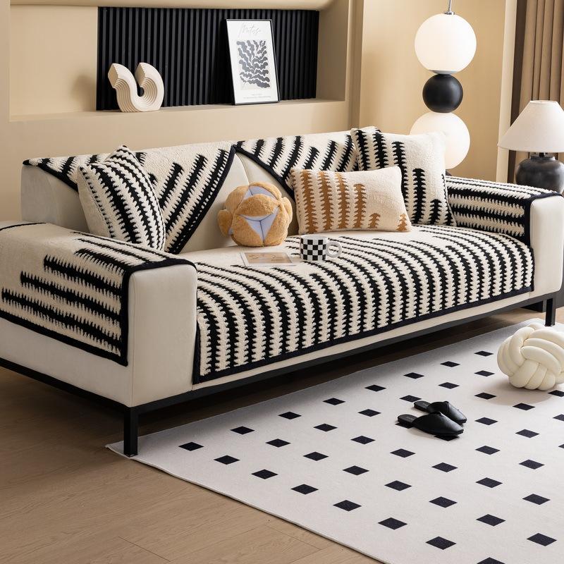 Sofa Cushion New Thousand Bird Grid Thickened Plush Seat Cushion High-End Non-Slip Leather Sofa Cover Winter Cover